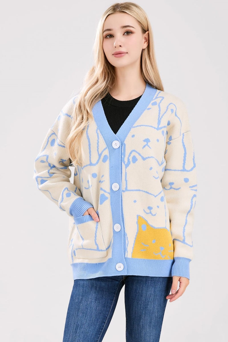 Chouyatou Women's Kawaii Cartoon Cat Cardigan Japanese Aesthetic Button Down Jacquard Knit Sweater Coat