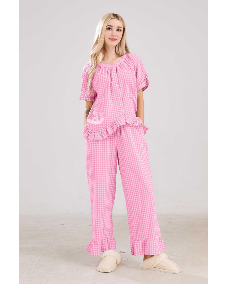 Chouyatou Womens Gingham Pajama Set 2 Piece Short Sleeve Babydoll Shirt and Pants Lounge Set Cute Sleepwear