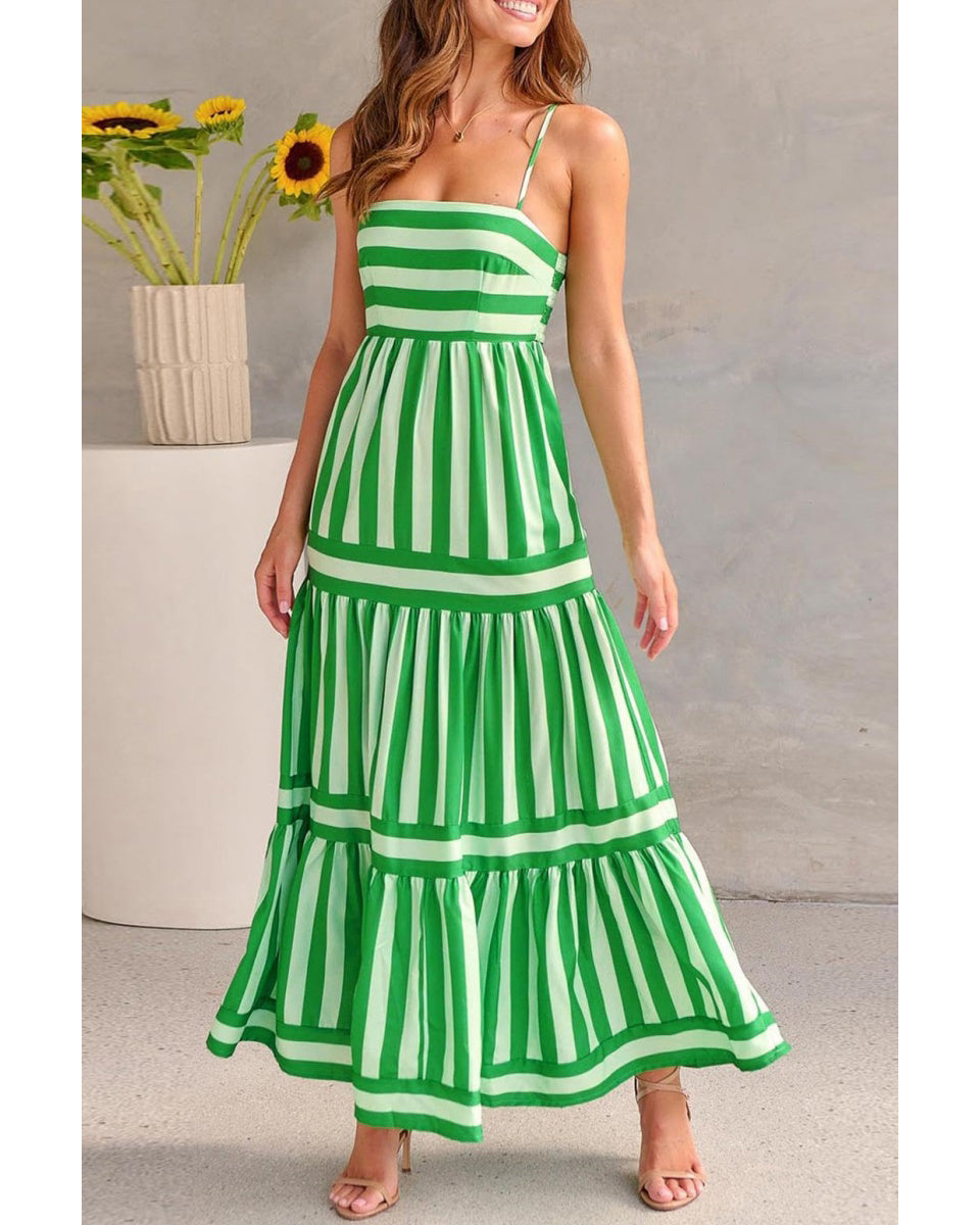 Chouyatou Women Spaghetti Strap Back Smocked Maxi Striped Dress Summer Casual Floral Flowy Beach Sun Dress