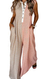 Chouyatou Loose Striped Wide Leg Jumpsuit for Women Summer Romper Flowy Pants Comfy Sleeveless Button Baggy Overalls