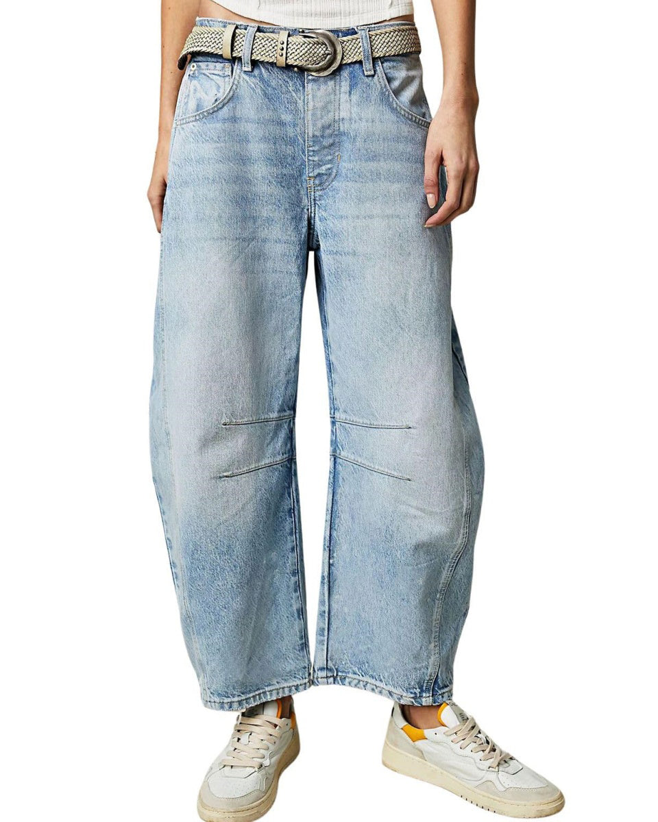 Chouyatou Barrel Jeans Women Wide Leg Cropped Jeans Y2k Mid Rise Baggy Jeans Boyfriend Denim Pants Harem Pants