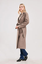 Chouyatou Womens Long Wool Pea Coats Notched Collar Open Front Woolen Blend Trench Coat with Belt
