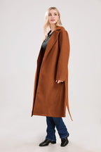 Chouyatou Womens Long Wool Pea Coats Notched Collar Open Front Woolen Blend Trench Coat with Belt