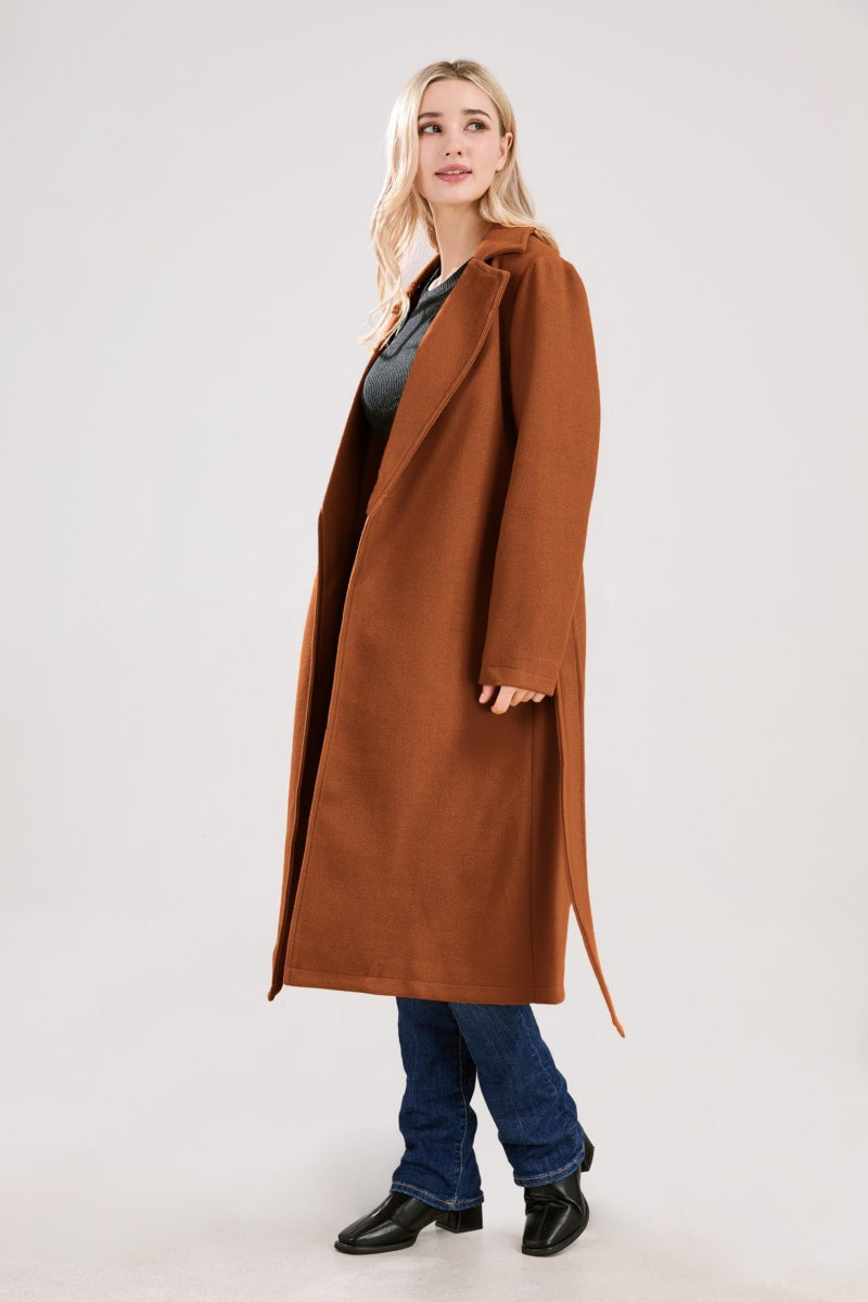 Chouyatou Womens Long Wool Pea Coats Notched Collar Open Front Woolen Blend Trench Coat with Belt