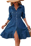 Chouyatou Women's Flowy Denim Dress 2025 Vacation Lapel Long Puff Sleeve Button Down A Line Swing Ruffle Jean Dress