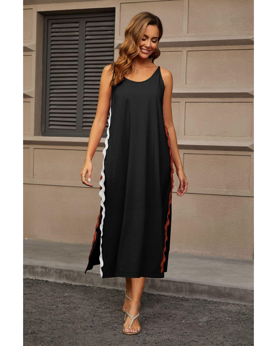 Chouyatou Women's Summer Casual RIC Rac Spaghetti Strap Long Dress Boho Split Sleeveless Beach Sundress