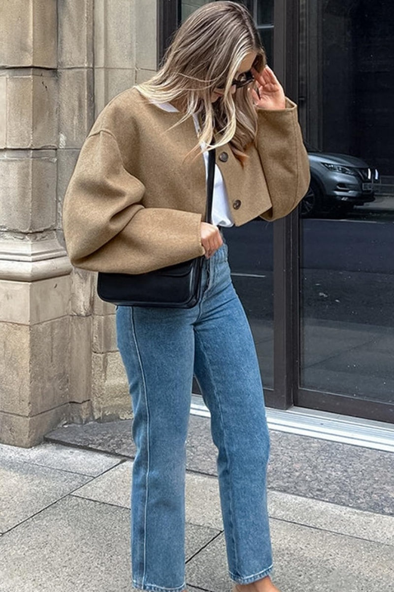 Chouyatou Women Cropped Wool Blend Pea Coat Short Jacket Peacoat Long Sleeve Button Down Crop Jacket