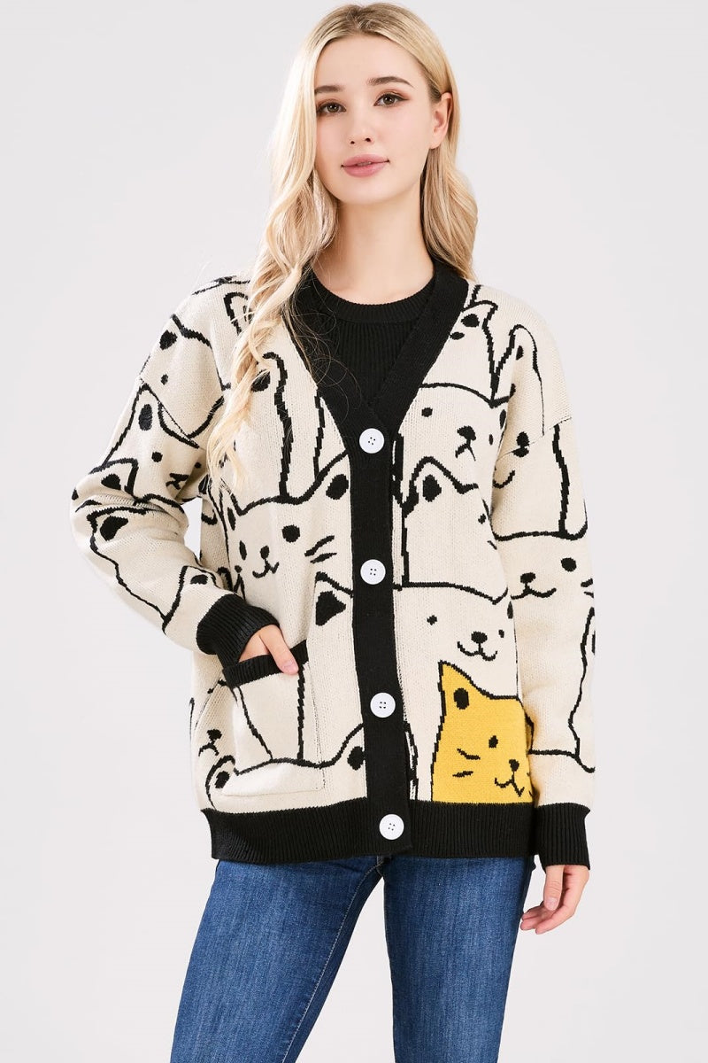 Chouyatou Women's Kawaii Cartoon Cat Cardigan Japanese Aesthetic Button Down Jacquard Knit Sweater Coat