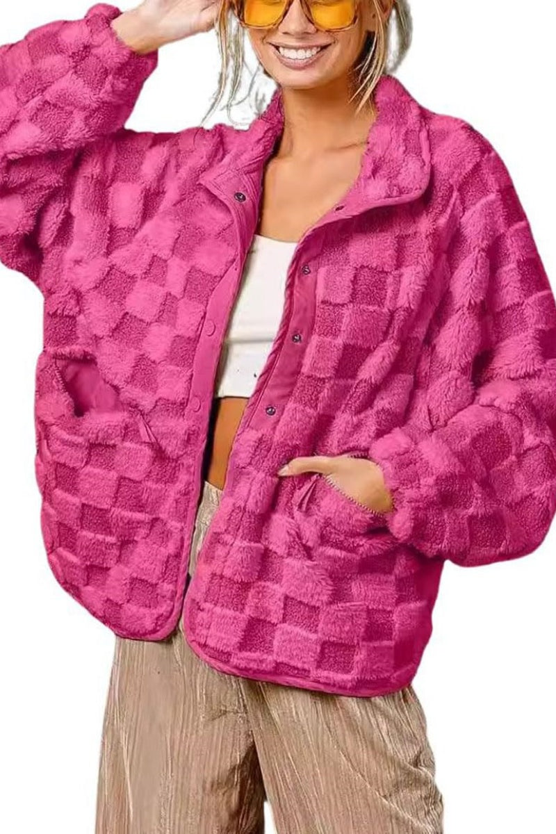 Chouyatou Women Winter Casual Checkered Fleece Jacket Fuzzy Oversized Sherpa Jacket Shacket Faux Fur Coat