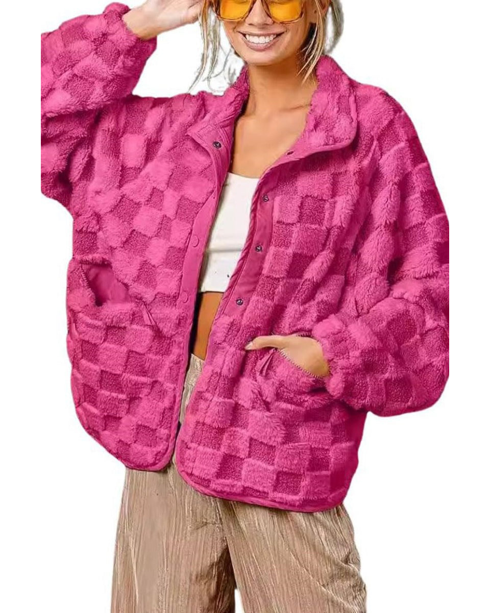 Chouyatou Women Winter Casual Checkered Fleece Jacket Fuzzy Oversized Sherpa Jacket Shacket Faux Fur Coat