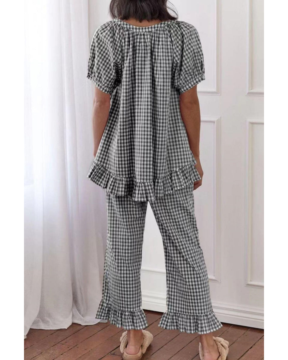 Chouyatou Womens Gingham Pajama Set 2 Piece Short Sleeve Babydoll Shirt and Pants Lounge Set Cute Sleepwear