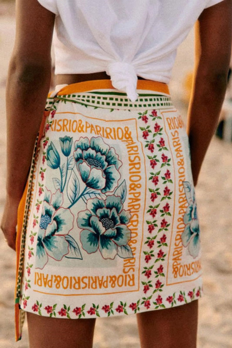 Chouyatou Women's Summer Floral Print Wrap Short Skirt Knot Side High Waist A Line Beach Mini Skirt
