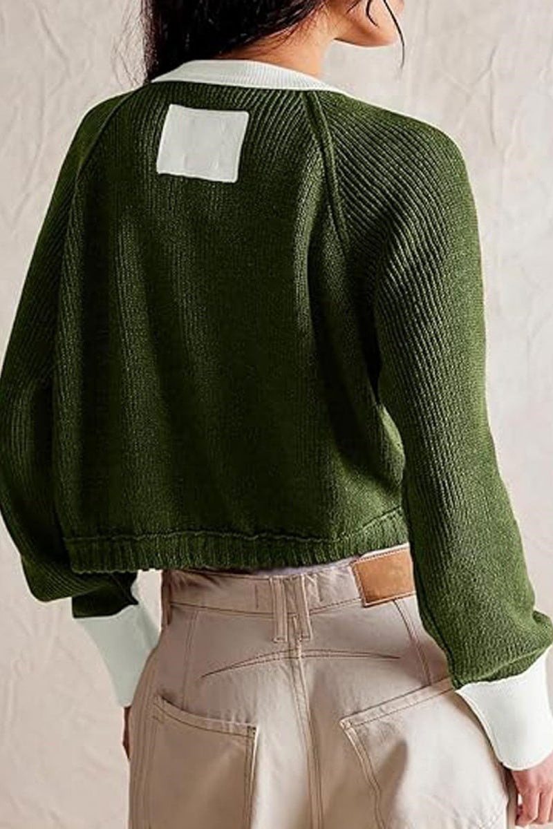 Chouyatou Women Knitted Button Down Cropped Cardigan Jacket Sweater Y2k Fall Knit Color Block Sweater Crewneck Crop Short Coat