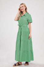 Chouyatou Womens Casual Short Sleeve Button Down Tie Waist Ruffled Striped Maxi Shirt Dress