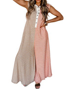 Chouyatou Loose Striped Wide Leg Jumpsuit for Women Summer Romper Flowy Pants Comfy Sleeveless Button Baggy Overalls