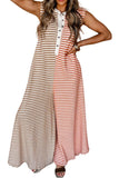 Chouyatou Loose Striped Wide Leg Jumpsuit for Women Summer Romper Flowy Pants Comfy Sleeveless Button Baggy Overalls