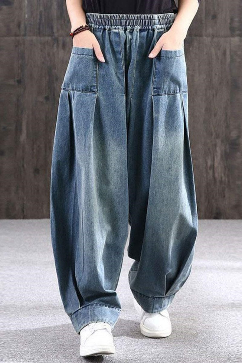 Chouyatou Women's Denim Harem Pants Elastic Waist Pleated Wide Leg Baggy Jeans