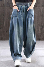 Chouyatou Women's Denim Harem Pants Elastic Waist Pleated Wide Leg Baggy Jeans