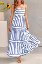 Chouyatou Women Spaghetti Strap Back Smocked Maxi Striped Dress Summer Casual Floral Flowy Beach Sun Dress