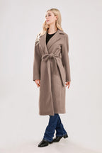 Chouyatou Womens Long Wool Pea Coats Notched Collar Open Front Woolen Blend Trench Coat with Belt