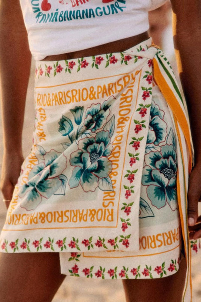 Chouyatou Women's Summer Floral Print Wrap Short Skirt Knot Side High Waist A Line Beach Mini Skirt