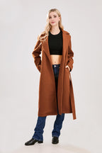 Chouyatou Womens Long Wool Pea Coats Notched Collar Open Front Woolen Blend Trench Coat with Belt