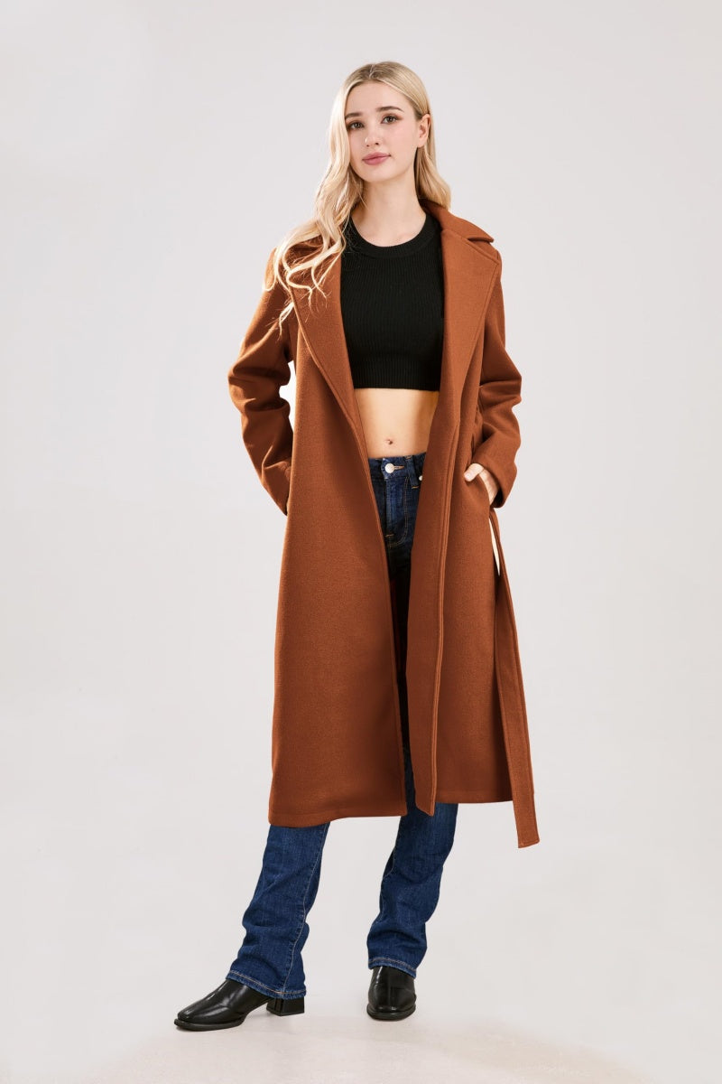 Chouyatou Womens Long Wool Pea Coats Notched Collar Open Front Woolen Blend Trench Coat with Belt