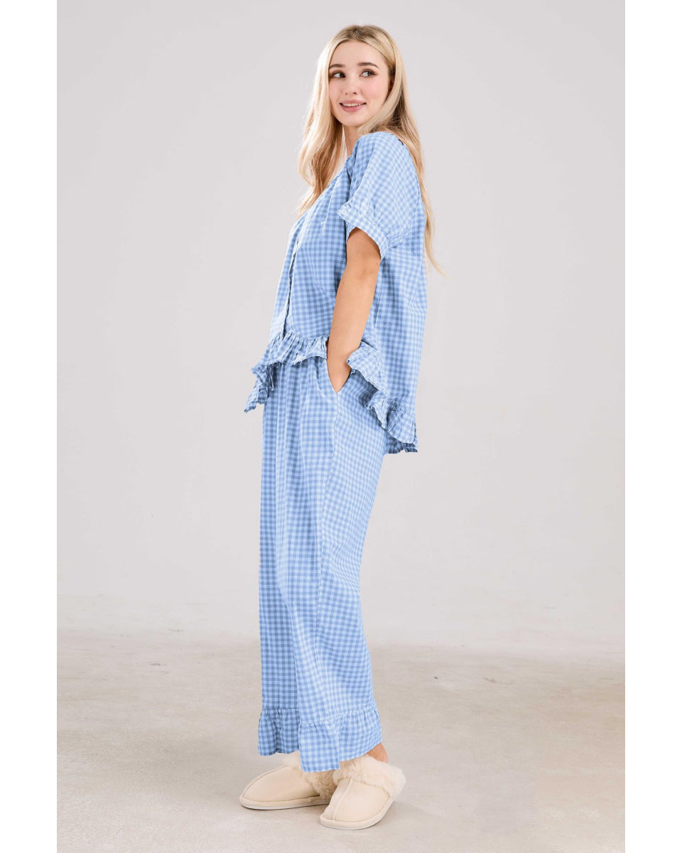 Chouyatou Womens Gingham Pajama Set 2 Piece Short Sleeve Babydoll Shirt and Pants Lounge Set Cute Sleepwear