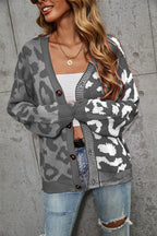 Chouyatou Women's Color Block Leopard Print Button Down Long Sleeve Cardigan Sweaters