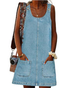 Chouyatou Women's Vintage Distressed Sleeveless Baggy Loose Denim Mini Dress with Pocket