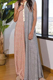Chouyatou Loose Striped Wide Leg Jumpsuit for Women Summer Romper Flowy Pants Comfy Sleeveless Button Baggy Overalls