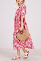 Chouyatou Women's Retro Lantern Puff Sleeve Plaid Dress Gingham Swing Tiered Midi Long Dress