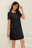 Chouyatou Women's Short Sleeve Crew Neck Tweed Dress A-line Button Part Elegant Mini Dresses