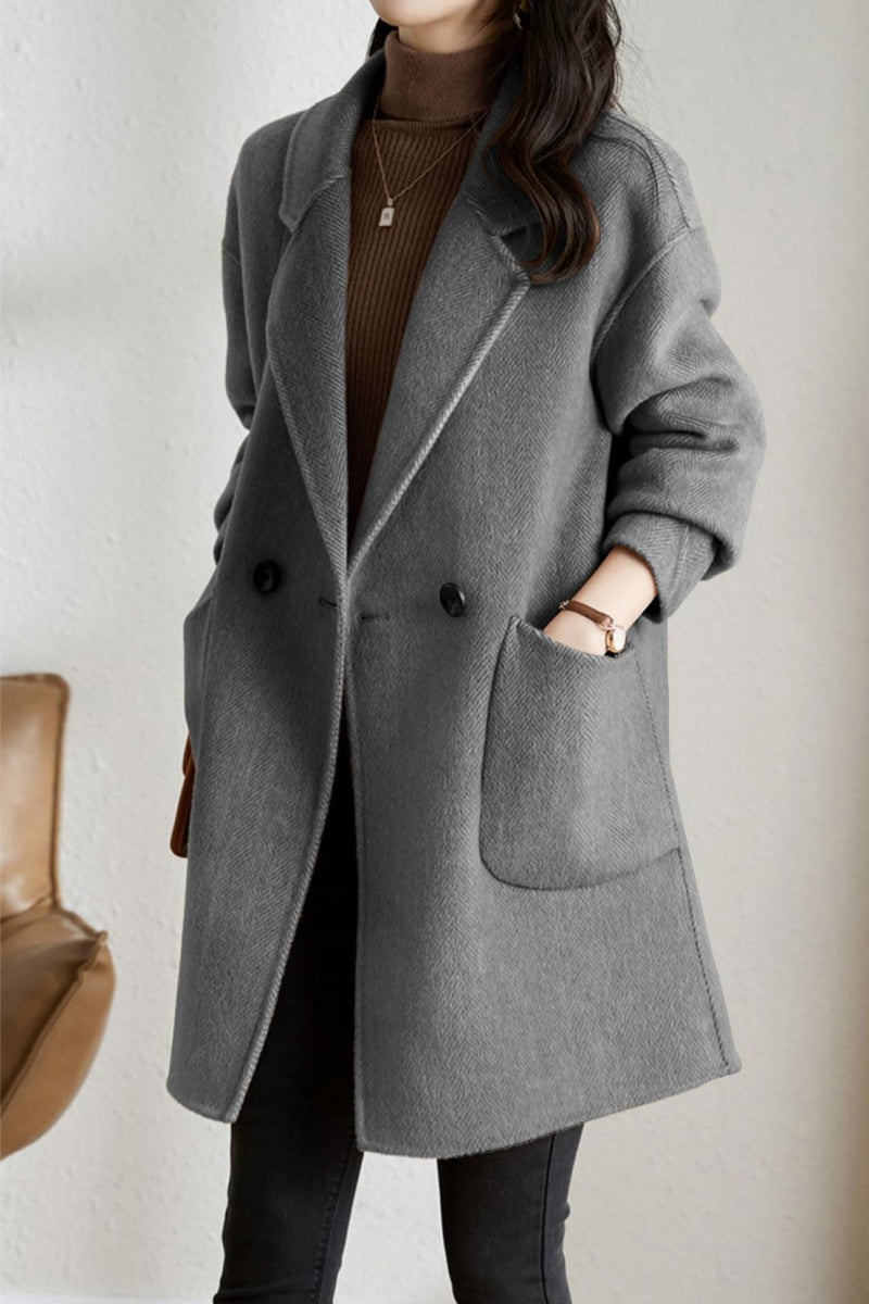 Chouyatou Women's Notch Lapel Herringbone Wool Coat Formal Office Work Double Breasted Winter Pea Coat