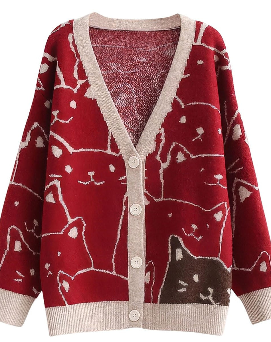 Chouyatou Women's Kawaii Cartoon Cat Cardigan Japanese Aesthetic Button Down Jacquard Knit Sweater Coat