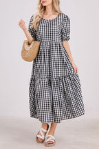 Chouyatou Women's Retro Lantern Puff Sleeve Plaid Dress Gingham Swing Tiered Midi Long Dress