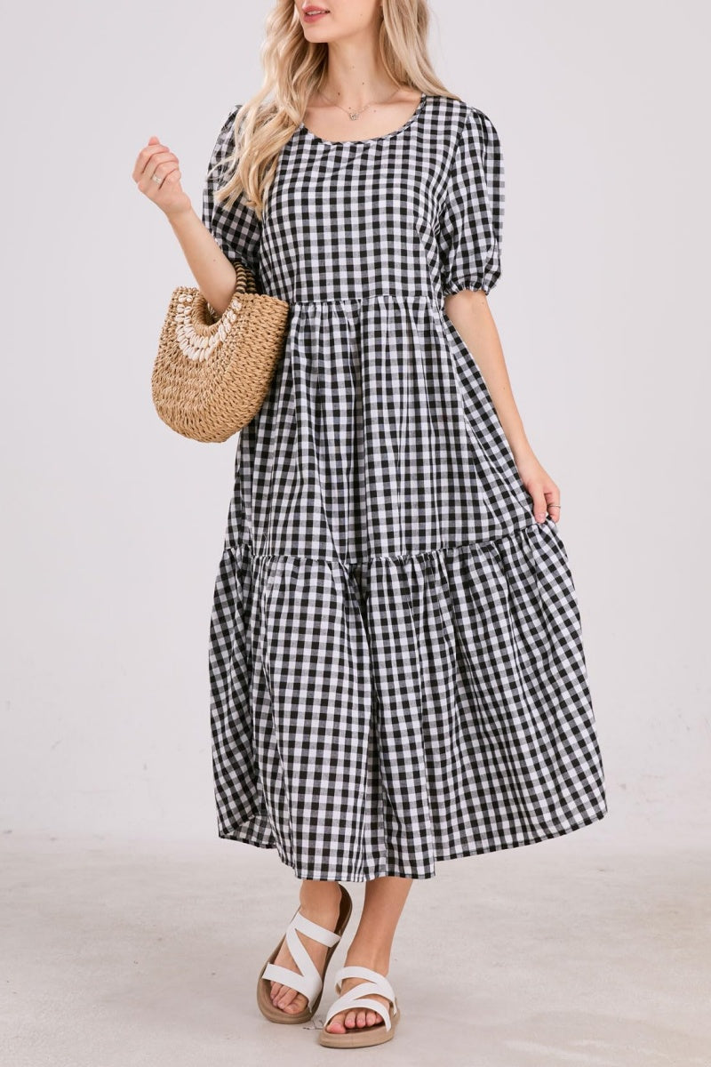 Chouyatou Women's Retro Lantern Puff Sleeve Plaid Dress Gingham Swing Tiered Midi Long Dress