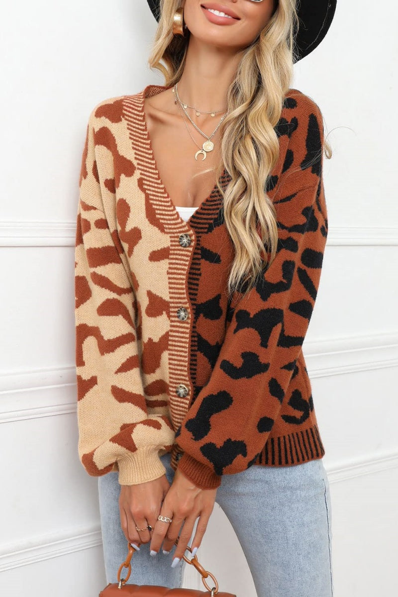 Chouyatou Women's Color Block Leopard Print Button Down Long Sleeve Cardigan Sweaters