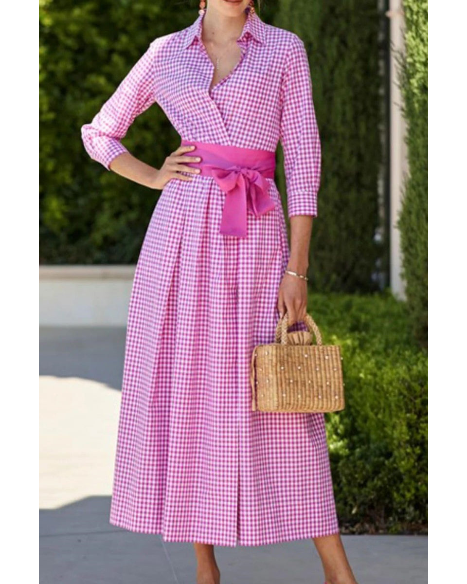 Chouyatou Women's Retro Plaid Button Up Maxi Shirt Dress 3/4 Sleeve Gingham Pocketed Long Dress with Belt