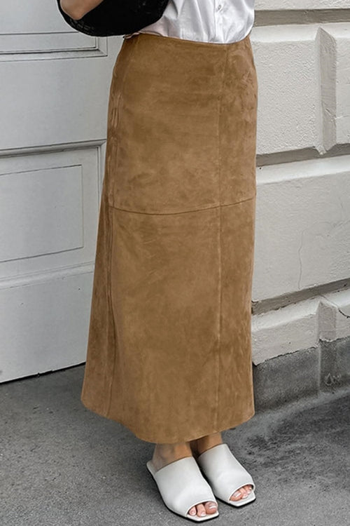 Chouyatou Women Fall Winter Elegant Faux Suede Leather Regular Fit Pencil Maxi Long Skirt