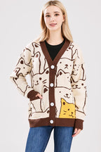Chouyatou Women's Kawaii Cartoon Cat Cardigan Japanese Aesthetic Button Down Jacquard Knit Sweater Coat