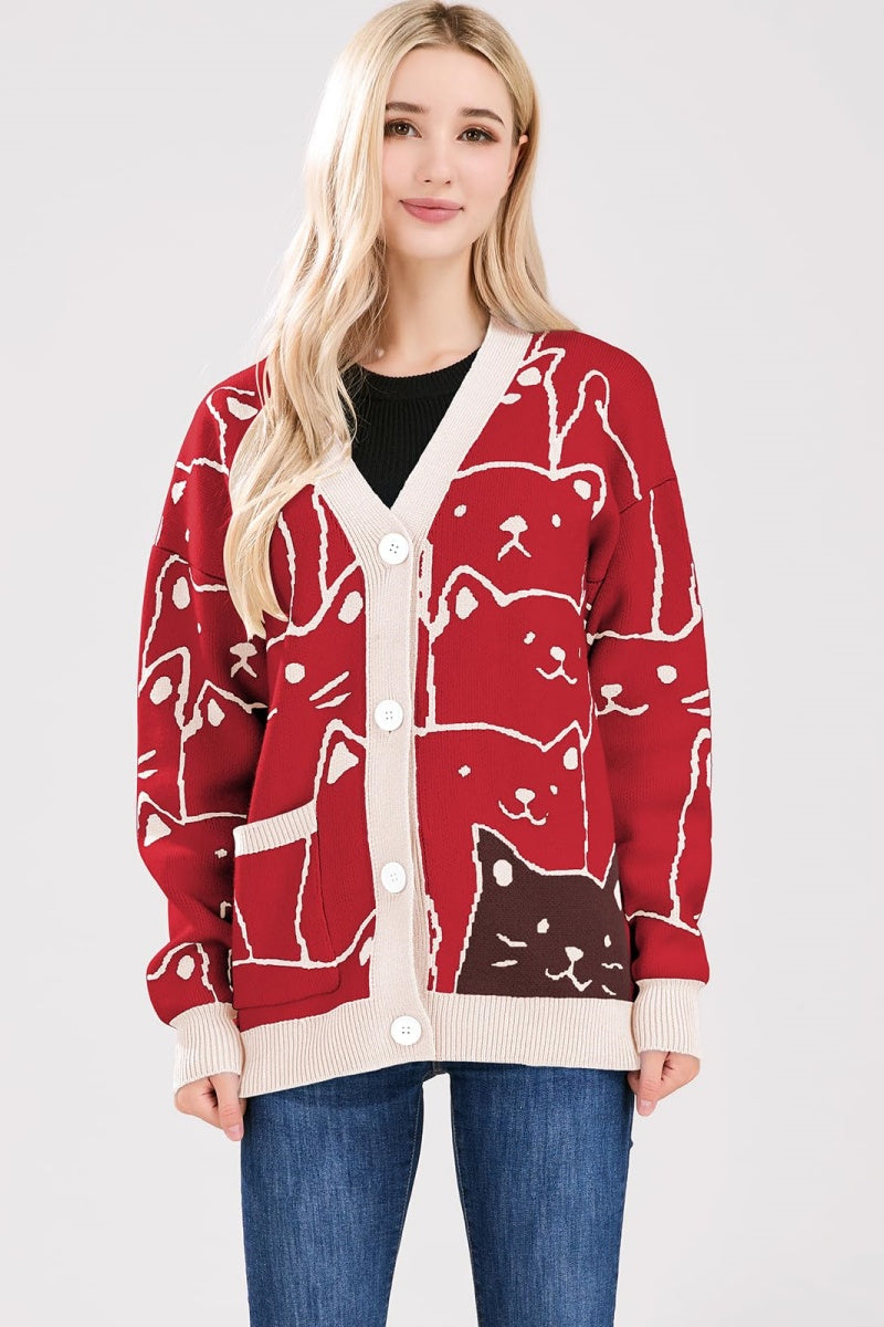 Chouyatou Women's Kawaii Cartoon Cat Cardigan Japanese Aesthetic Button Down Jacquard Knit Sweater Coat