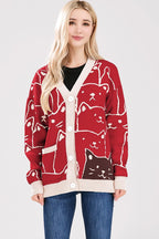 Chouyatou Women's Kawaii Cartoon Cat Cardigan Japanese Aesthetic Button Down Jacquard Knit Sweater Coat