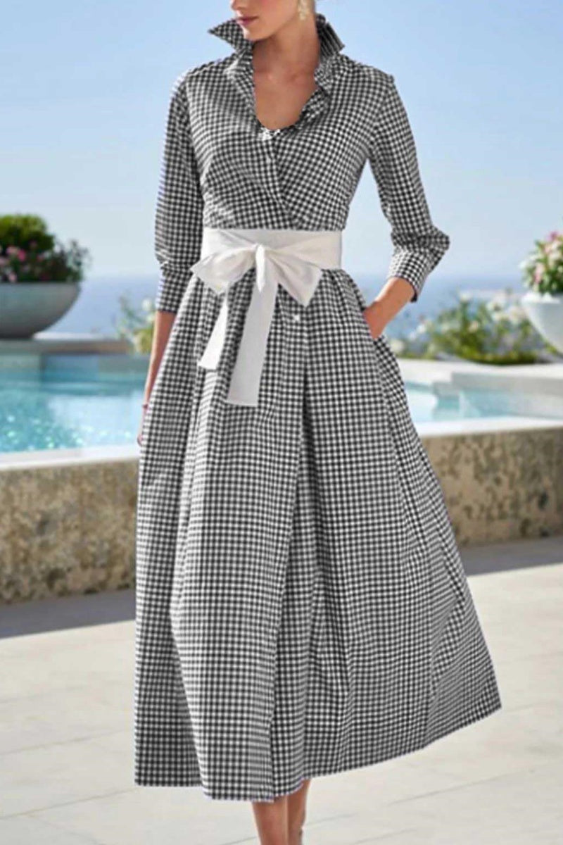 Chouyatou Women's Retro Plaid Button Up Maxi Shirt Dress 3/4 Sleeve Gingham Pocketed Long Dress with Belt