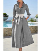 Chouyatou Women's Retro Plaid Button Up Maxi Shirt Dress 3/4 Sleeve Gingham Pocketed Long Dress with Belt