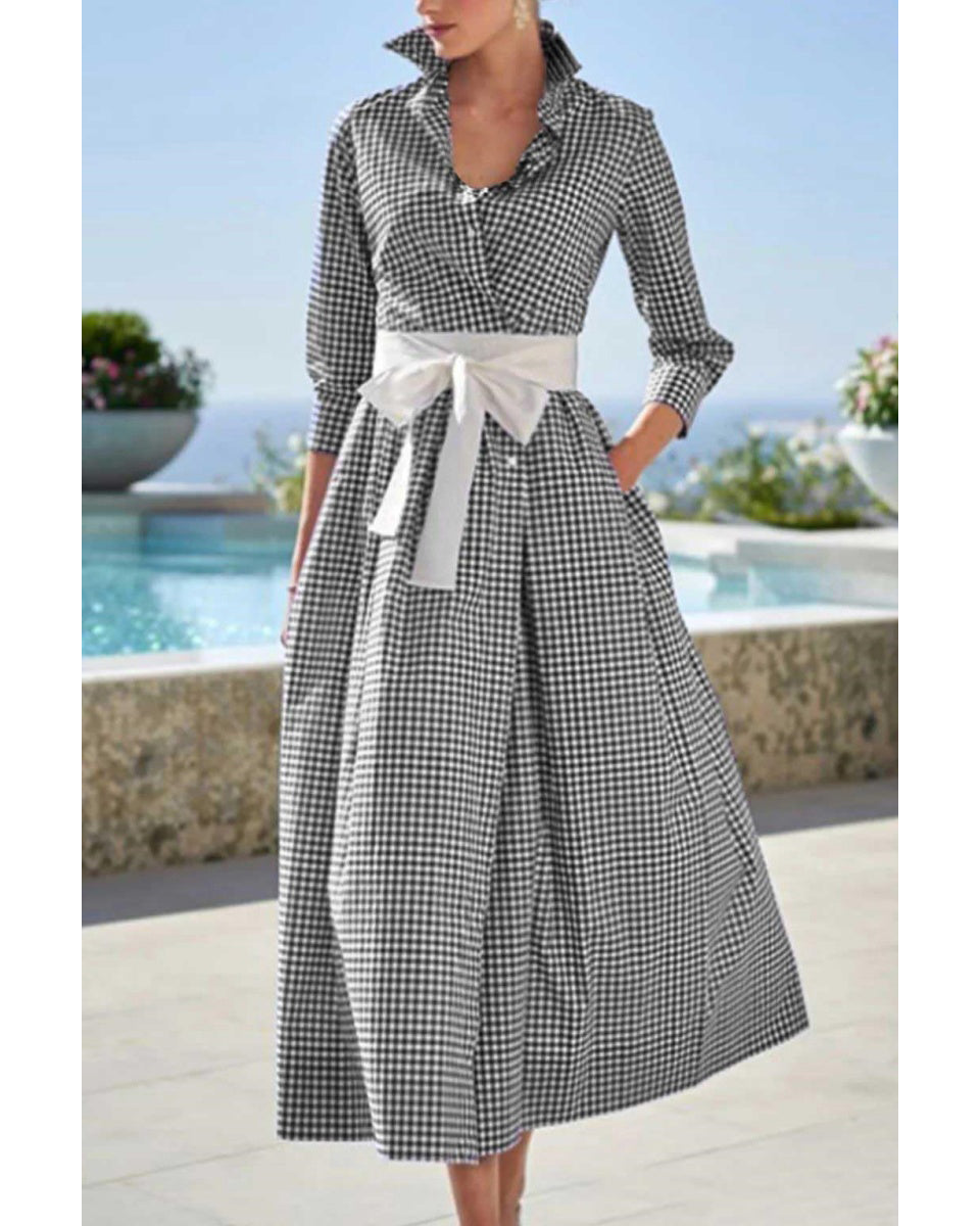 Chouyatou Women's Retro Plaid Button Up Maxi Shirt Dress 3/4 Sleeve Gingham Pocketed Long Dress with Belt
