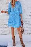 Chouyatou Women's 2025 Eyelet Lace Midi Dress V Neck Puff 3/4 Sleeve Button Tiered Sexy A Line Sun Dress