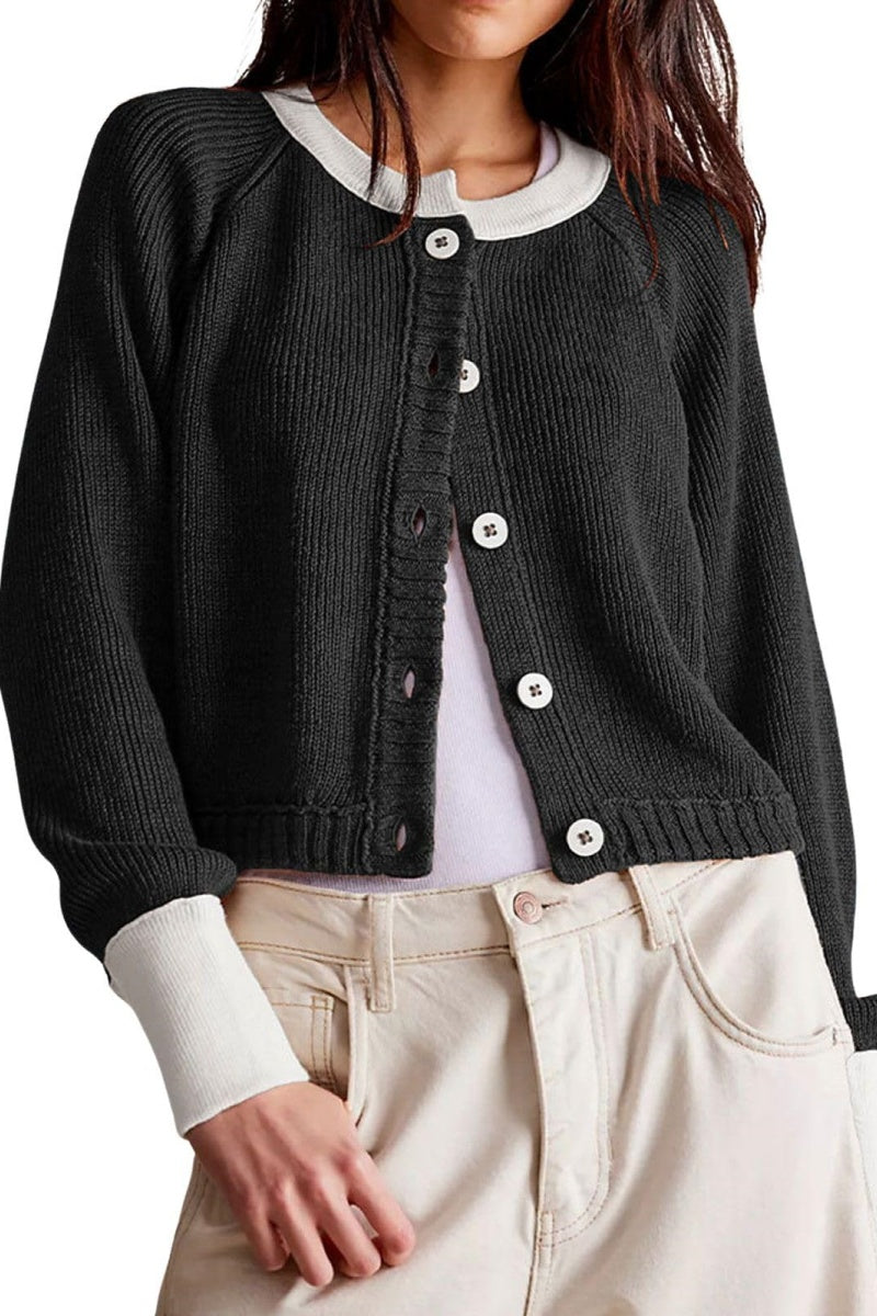 Chouyatou Women Knitted Button Down Cropped Cardigan Jacket Sweater Y2k Fall Knit Color Block Sweater Crewneck Crop Short Coat