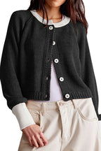 Chouyatou Women Knitted Button Down Cropped Cardigan Jacket Sweater Y2k Fall Knit Color Block Sweater Crewneck Crop Short Coat