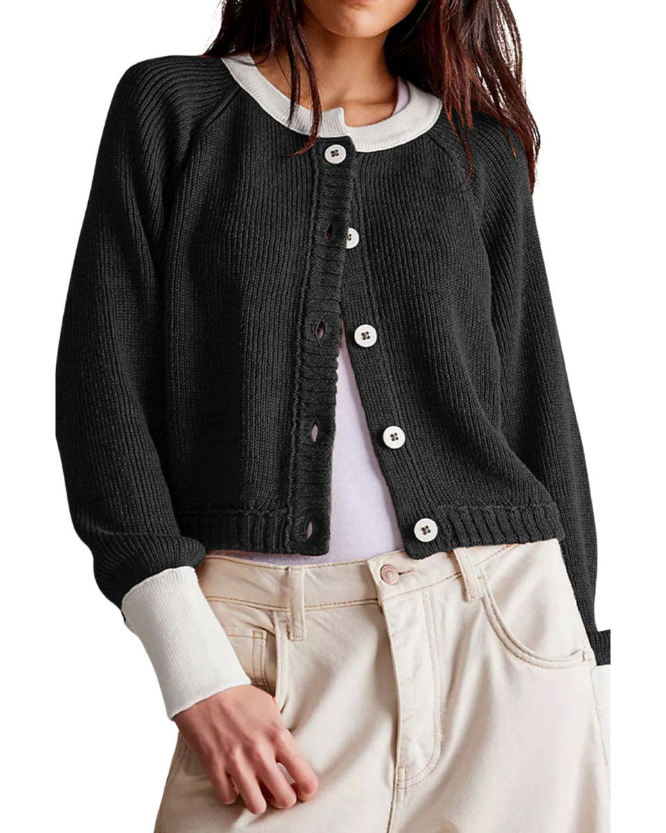 Chouyatou Women Knitted Button Down Cropped Cardigan Jacket Sweater Y2k Fall Knit Color Block Sweater Crewneck Crop Short Coat